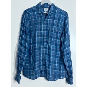 Faherty Brand Men's Blue Plaid Long Sleeve Linen Shirt Size Medium